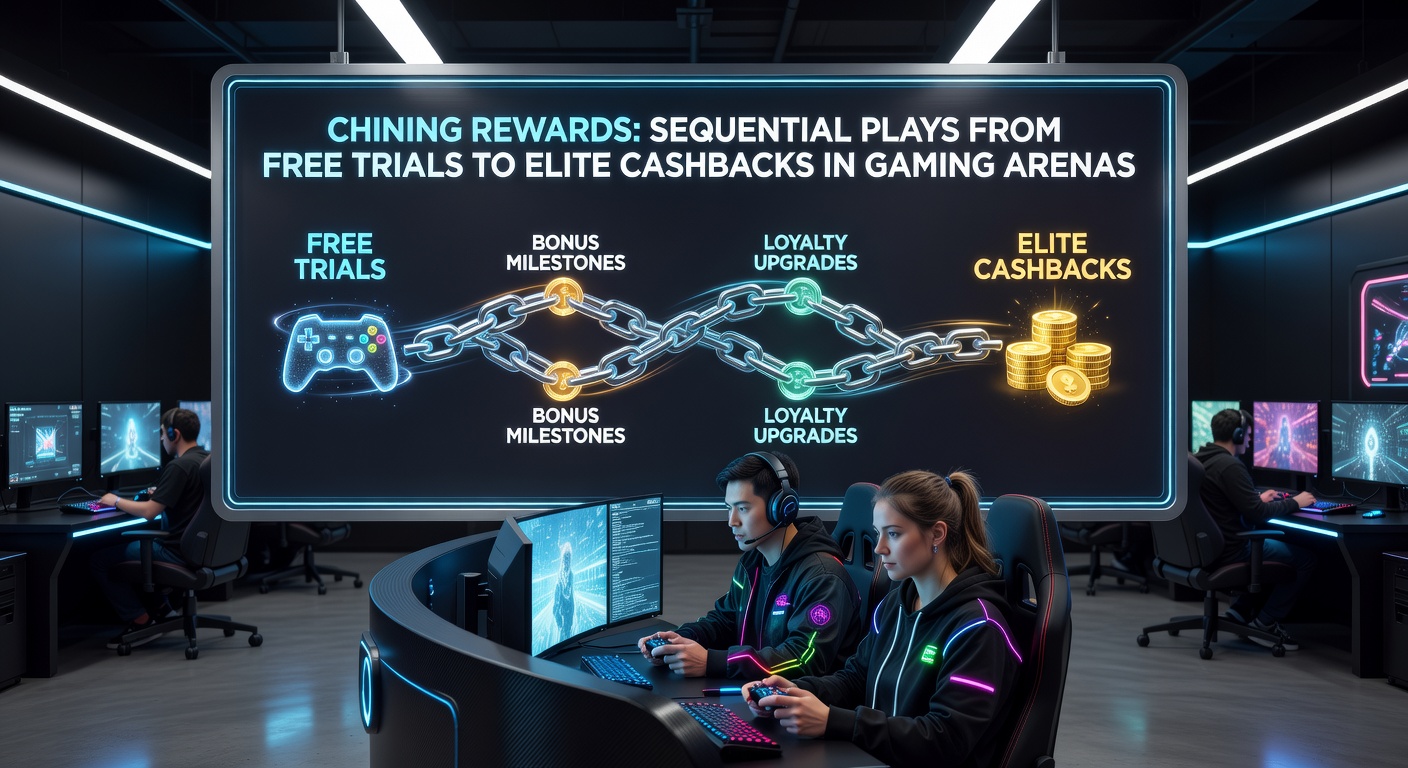Grafik einer Kette aus Belohnungen, die von Free Trials über Boni zu Cashbacks führt, mit Gaming-Elementen im Hintergrund