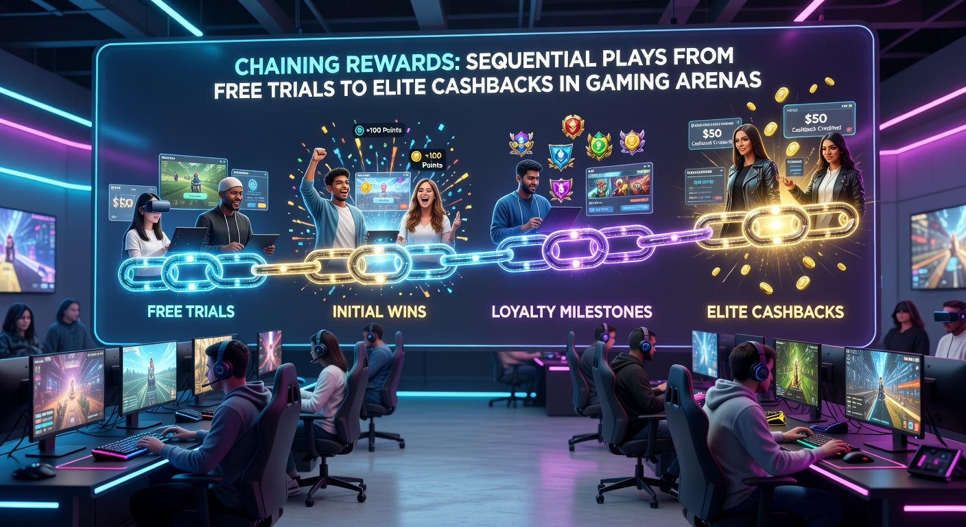 Darstellung einer Gaming-Arena mit sequentiellen Belohnungsstufen, von Free Trials bis Elite-Cashback-Leveln, inklusive Spielerfiguren auf dem Aufstieg