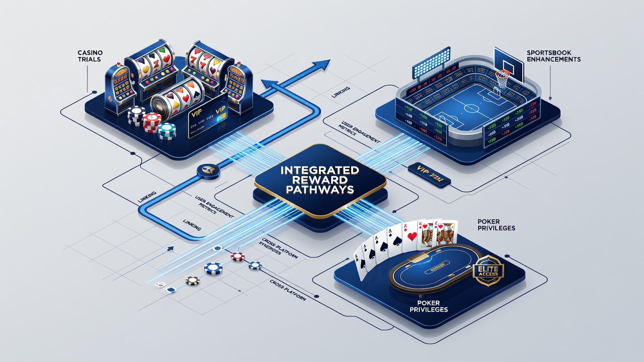 Illustration der Verknüpfung von Casino-Testphasen mit Sportwetten und Poker-Privilegien